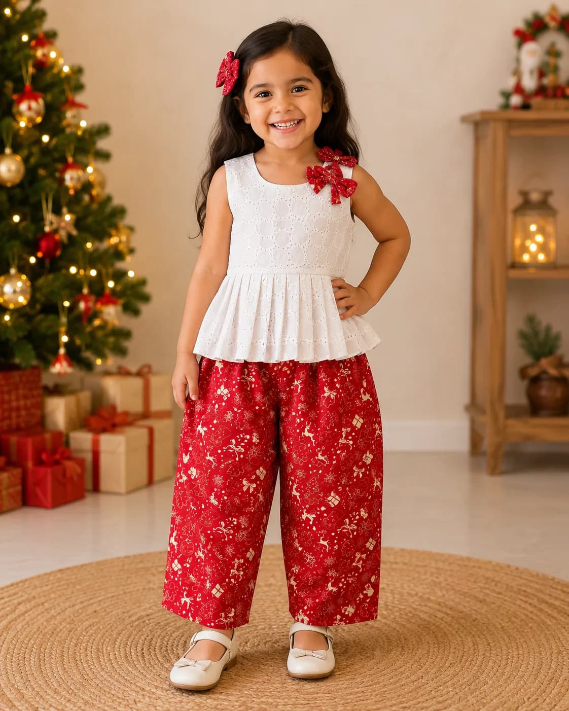 White short kurti with straignt red pants