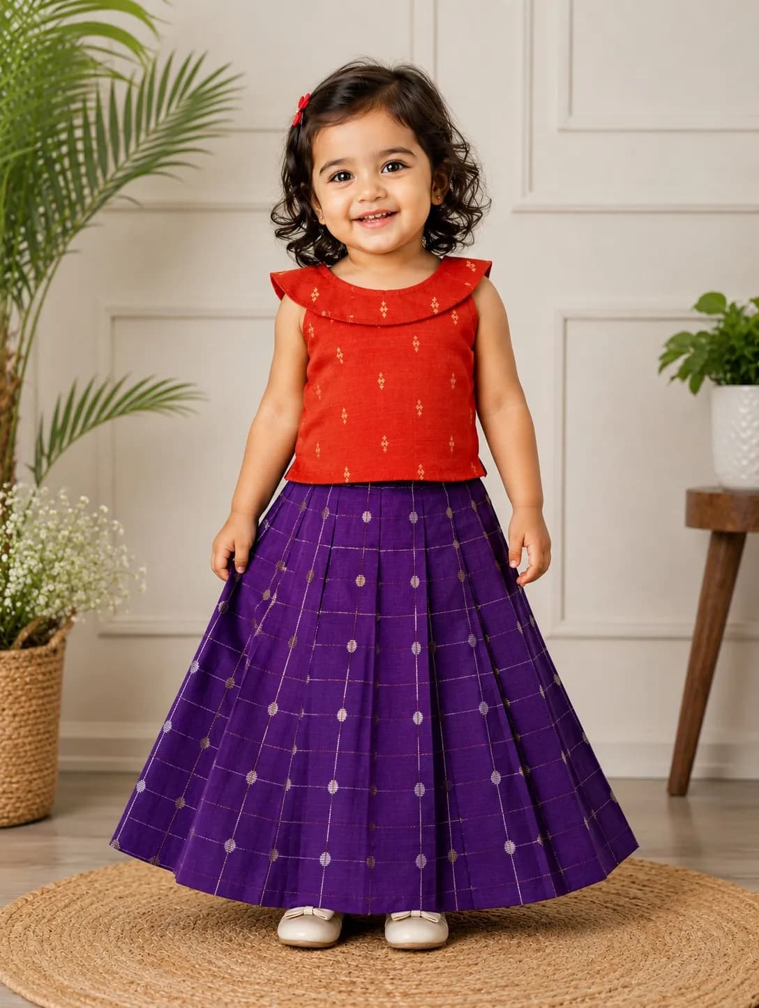 Red Ruffle Top & Purple Checked Long Skirt Set
