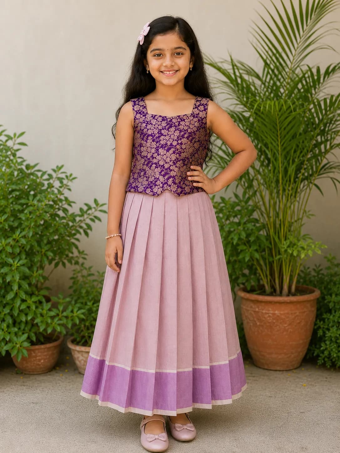 Purple Brocade Top & Pastel Pink Long Skirt Set