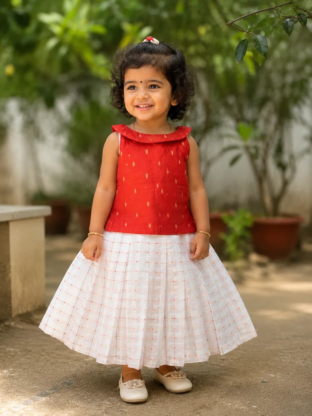 Red Collar Top & White Checked Long Skirt Set