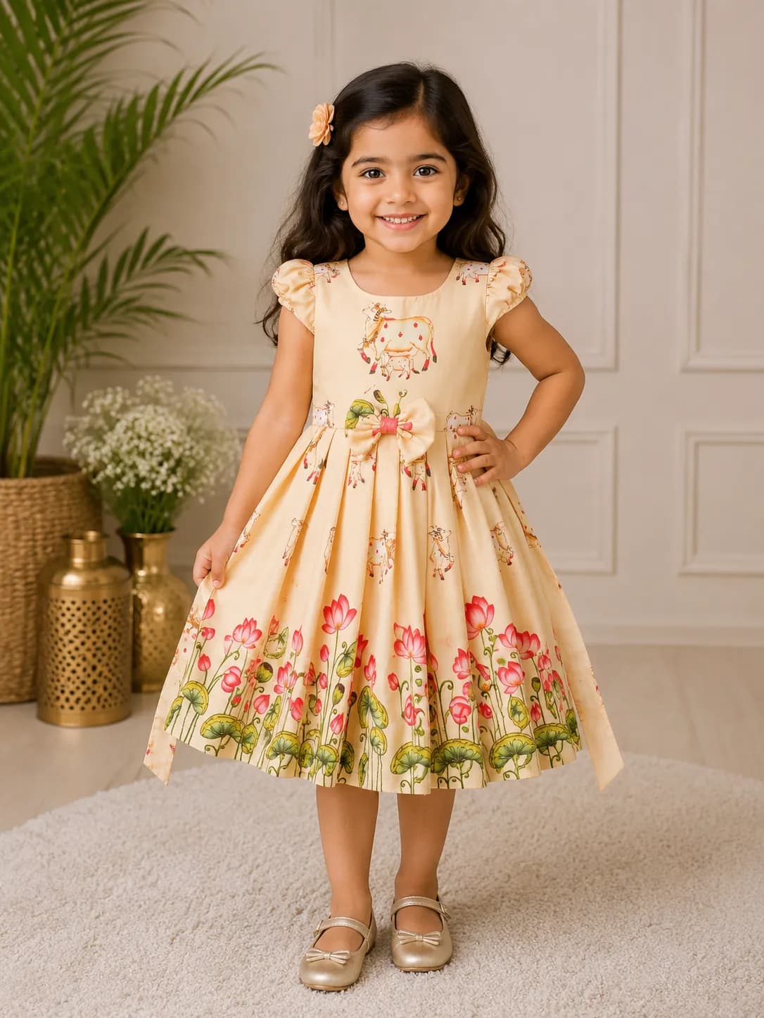 Cow and Lotus Print Cotton Frock