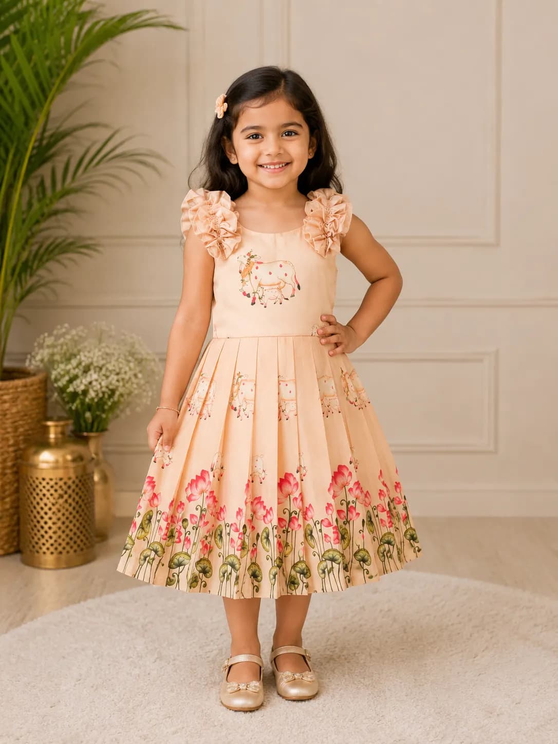 Cow and Lotus Print Ruffle Cotton Set